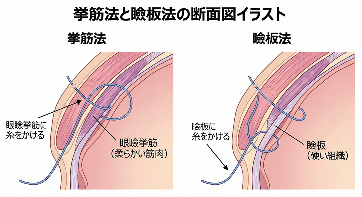 挙筋法と瞼板法の断面図イラスト 糸をかける位置の違い