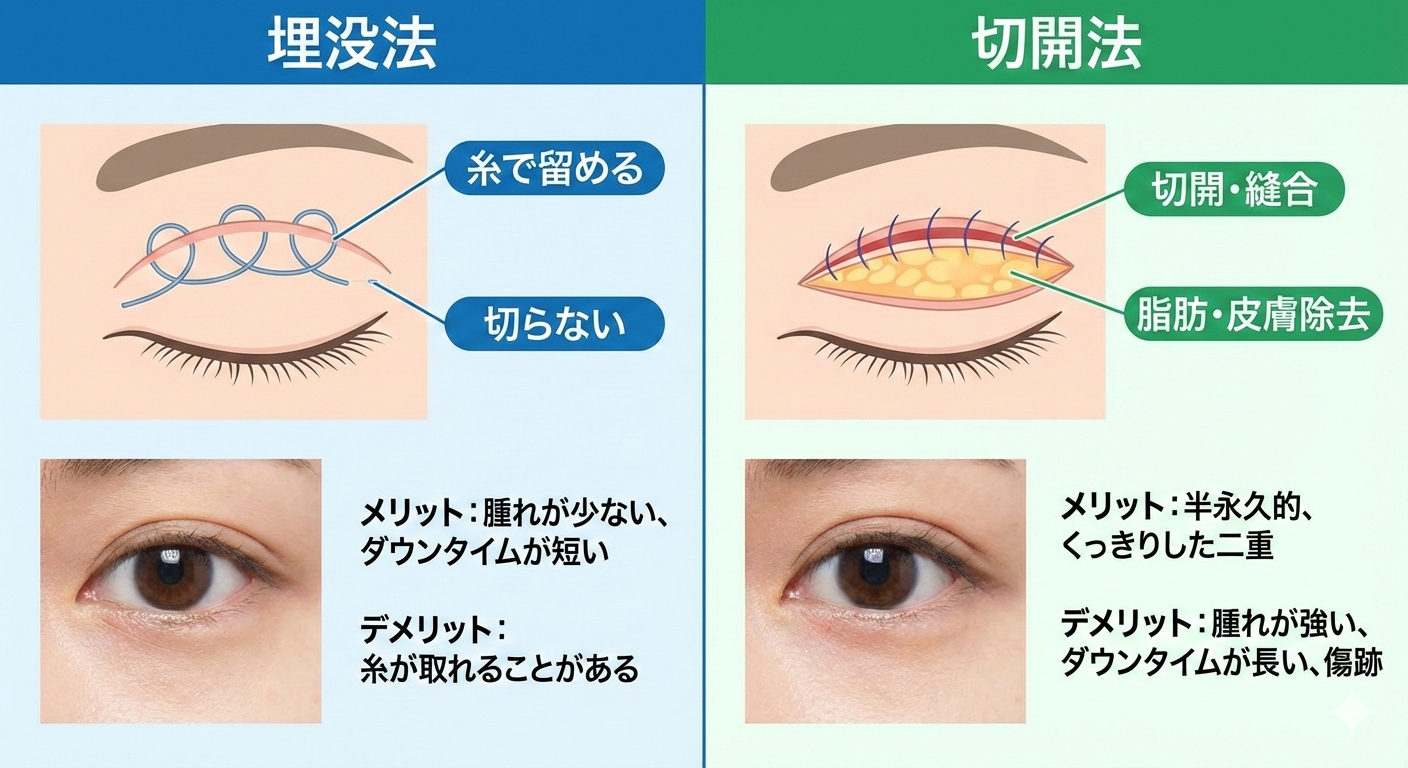 埋没法と切開法の違いを示す比較イラスト